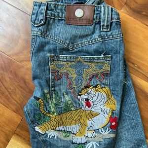 Vintage Antik Denim 29 Women's Blue Flared Jeans Embroidered Design